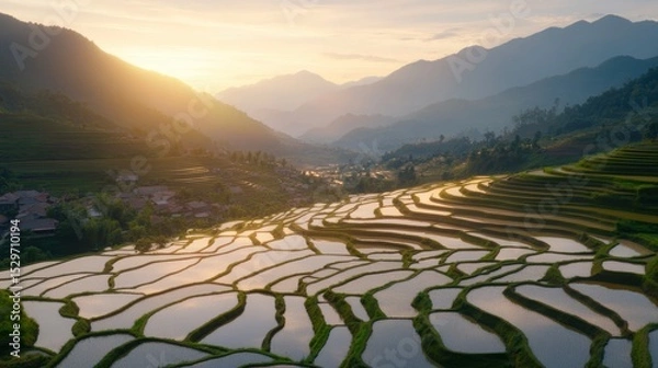 Obraz A serene landscape showcasing terraced rice fields glistening at sunset, surrounded by majestic mountains, Ideal for travel articles, nature blogs, or agricultural projects,