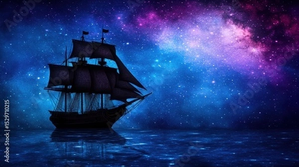 Obraz A majestic sailing ship silhouetted against a vibrant cosmic backdrop filled with stars and swirling galaxies, This captivating image can be used for themes of exploration, adventure, and imagination