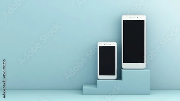 Obraz Two smartphones of varying sizes are positioned on tiered pedestals against a soft blue background, ideal for illustrating technology trends, product comparisons, or mobile marketing concepts,