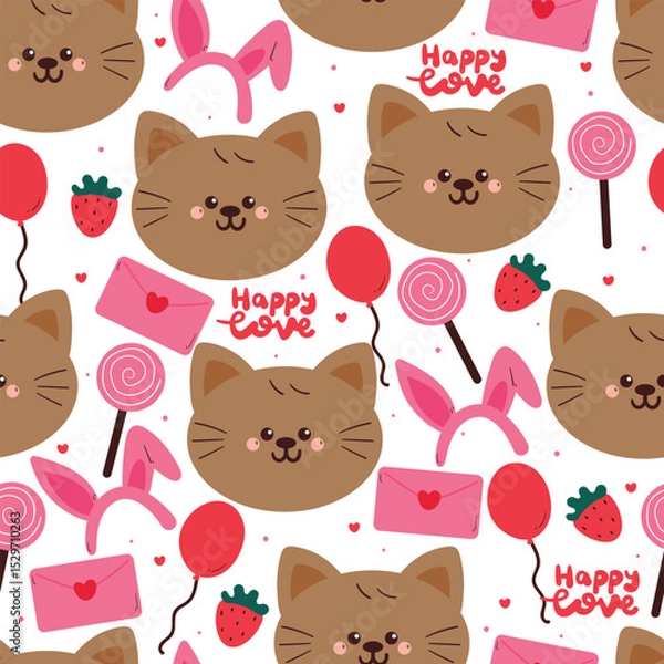 Fototapeta seamless pattern cute cartoon cat with cute valentine stuffs in white background. animal drawing for wallpaper and gift wrap paper