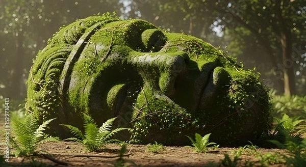 Obraz Ancient Sleeping Stone Face in Mossy Forest | Nature Overgrowth 3D Scene