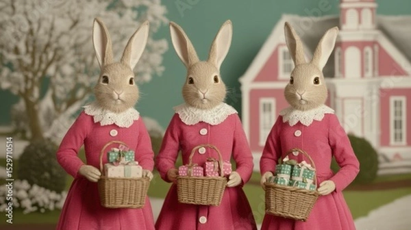 Obraz Three charming rabbits dressed in pink attire hold festive baskets filled with gifts, set against a whimsical backdrop of a pastel house, Ideal for springtime themes, celebrations
