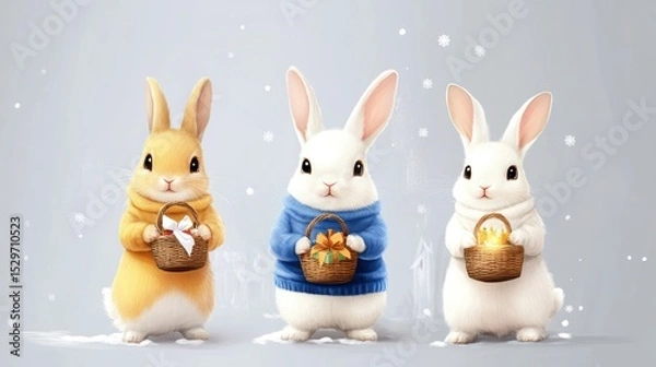 Obraz Three cute rabbits in cozy sweaters hold baskets in a snowy setting, perfect for seasonal promotions, children's books, or holiday-themed designs,