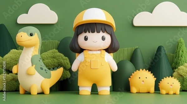 Obraz A cheerful girl in a yellow outfit stands beside a friendly dinosaur and two cute creatures against a green backdrop, perfect for children's content, educational materials, or playful branding,