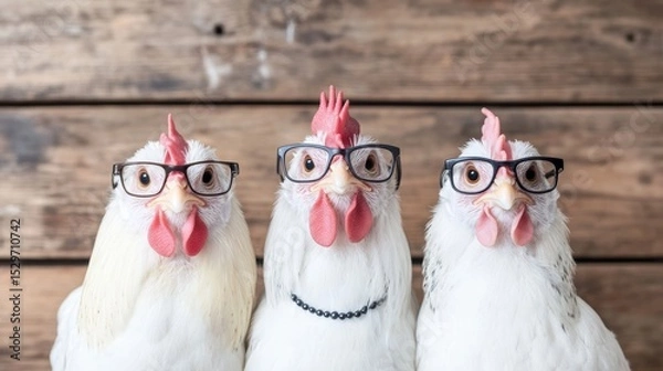 Obraz Three chickens wearing glasses stand against a rustic wooden background, adding a humorous touch, This image can be used for projects related to humor, farm life, or quirky poultry themes,