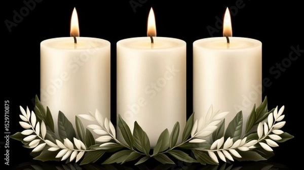 Obraz A serene composition of three lit candles surrounded by delicate foliage creates a tranquil ambiance, perfect for settings like weddings, memorials, or relaxation spaces