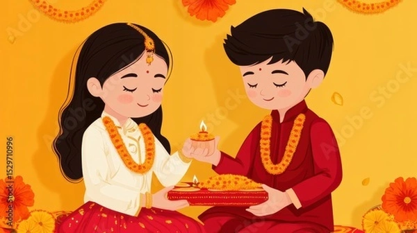 Obraz A colorful illustration of two children celebrating a festival, exchanging a ceremonial lamp and decorated with floral garlands