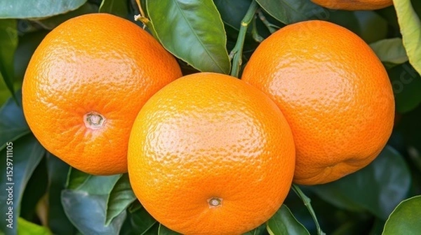 Obraz Vibrant oranges hanging on a lush green branch, showcasing their bright color and texture, ideal for healthy eating blogs, recipes, or agricultural education materials,