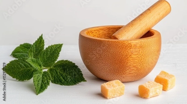 Obraz A wooden mortar and pestle sit beside fresh mint leaves and yellow candy pieces, This image can be utilized for culinary, herbal remedy, or natural health-related content,