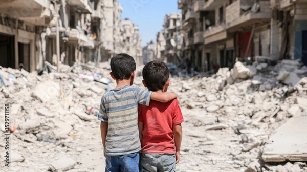 Obraz Two young boys embrace as they stand in a devastated urban landscape filled with debris and destruction, representing themes of war, resilience, and childhood amidst crisis