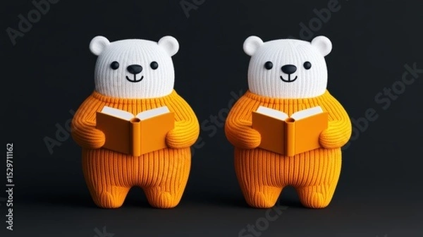 Obraz Two cute, plush bear figures in cozy orange outfits are holding open books, set against a dark background, This whimsical image can be used for children's book promotions, educational materials