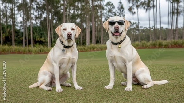 Obraz Two Labrador Retrievers sit side by side on lush green grass, one wearing stylish sunglasses, This playful and charming image is perfect for pet-related marketing, greeting cards