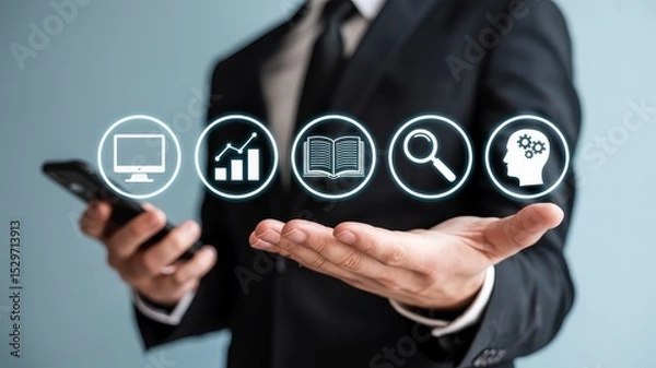 Obraz Businessman presenting digital icons of technology and knowledge.