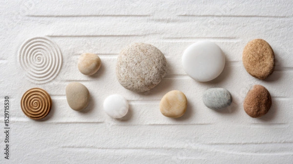 Fototapeta Flat lay of smooth pebbles on sand, meditative composition