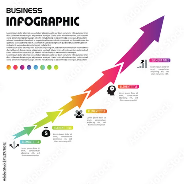 Fototapeta Colorful arrow infographic showing business growth and development steps, ideal for presentations, strategy planning, progress tracking, and startup or corporate reports.