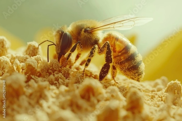 Fototapeta A honeybee, covered in pollen, diligently collects golden pollen grains from a flower.