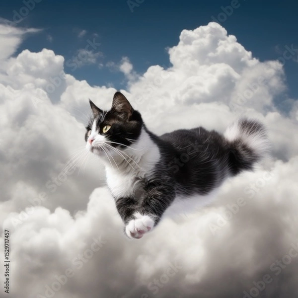 Obraz Black and white cat gracefully leaps through fluffy clouds in blue sky. Fantasy image with cat.