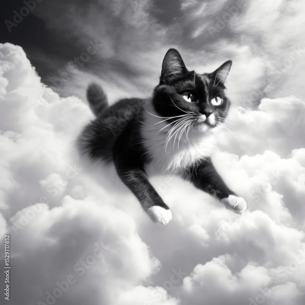 Obraz Black and white cat gracefully floating among fluffy clouds in a dreamy sky atmosphere