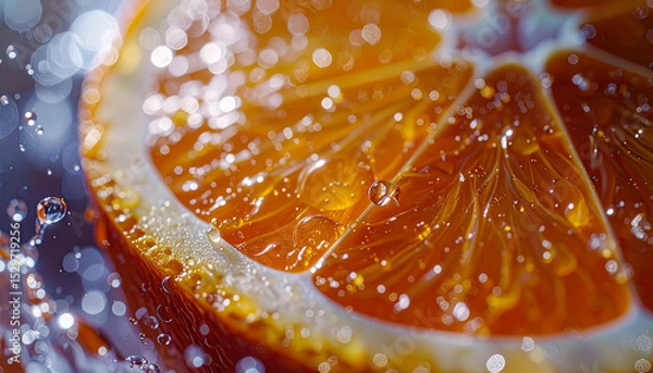 Fototapeta Juicy orange slice splashing with refreshing water droplets