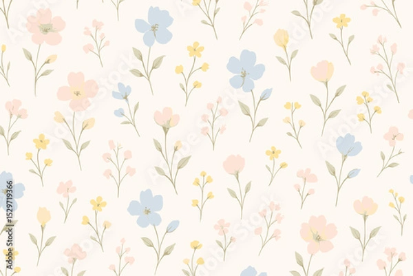 Obraz Seamless floral pattern with delicate watercolor wildflowers. Hand-painted ditsy flowers in pastel pink, blue, and yellow on a paper texture background. Romantic vintage design.