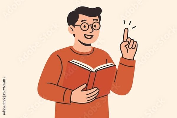 Fototapeta Smart young man with glasses reading a book has a brilliant idea. Happy student finds a solution. Concept of education, learning, knowledge, inspiration and eureka moment. Vector.