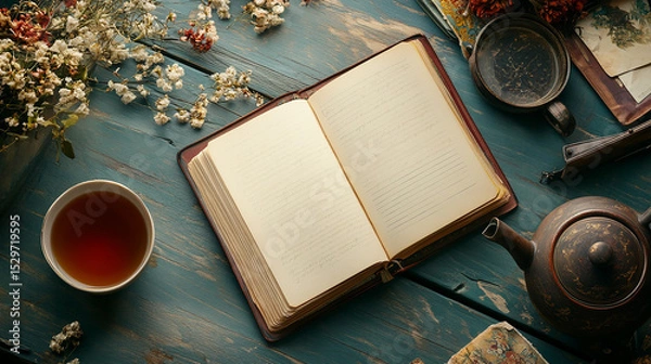 Fototapeta Open Book with Tea and Flowers: An antique book lies open on a rustic wooden table, accompanied by a cup of tea, dried flowers, and vintage accessories.