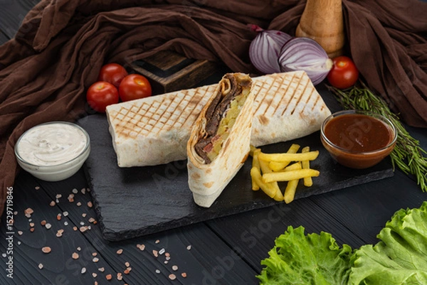 Fototapeta Shawarma, Kebab, Doner in lavash with fresh vegetables on a black tray with two sauces