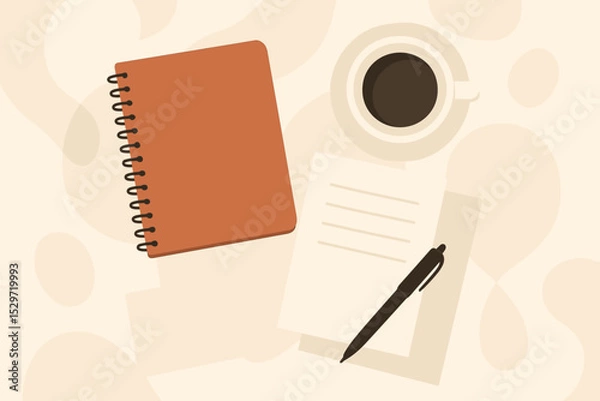 Fototapeta Workspace flat lay vector illustration. Top view of desk with notebook, pen, paper, and coffee cup. Concept of work from home, studying, journaling, planning, and business.