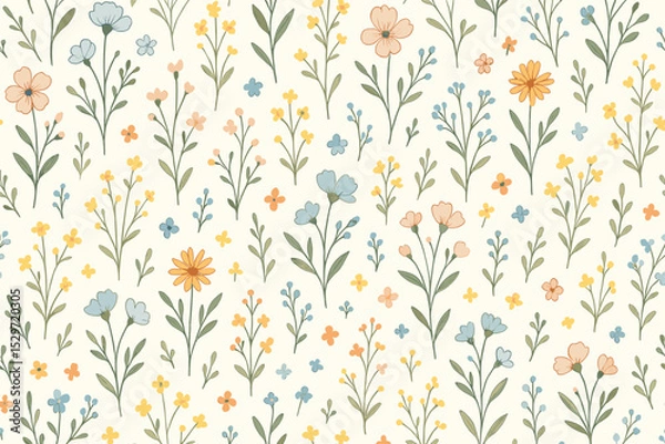 Obraz Wildflower seamless pattern. Hand-drawn delicate ditsy floral background. Vintage botanical meadow illustration for fabric, textile, wallpaper. Summer spring nature print design.