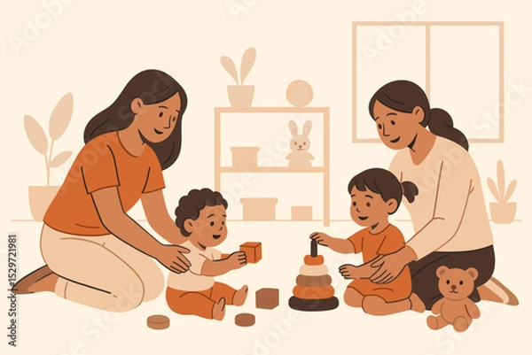 Fototapeta Happy mothers or teachers with children playing educational games in a daycare or kindergarten. Cute toddlers learning with blocks and pyramid toys. Early childhood development.