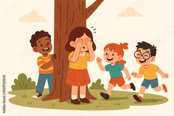 Obraz Happy diverse children playing hide and seek game outdoors in summer park. Cute multiethnic kids having fun together. Childhood friendship and activity vector illustration concept.