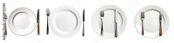 Fototapeta Collection of empty plates with forks and knives, isolated on a transparent background