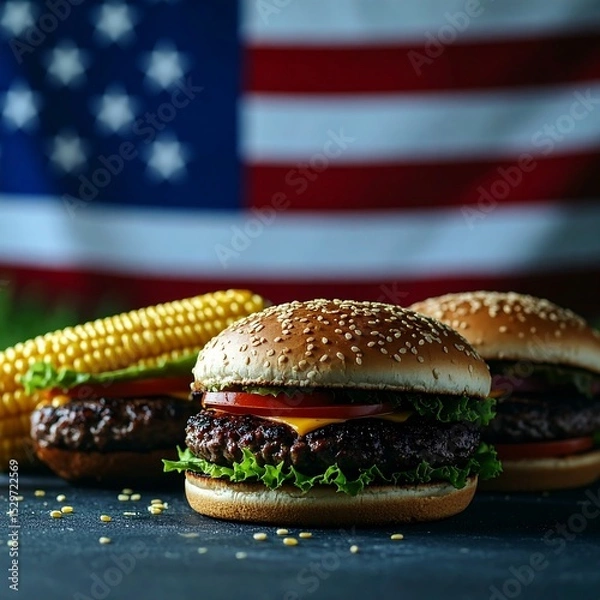 Fototapeta Delicious Grilled Burgers and Corn with American Flag Backdrop. US Independence Day AI Generated