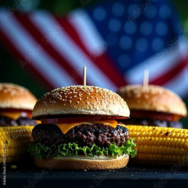 Fototapeta Juicy Grilled Burger with Corn and American Flag in Background. AI Generated