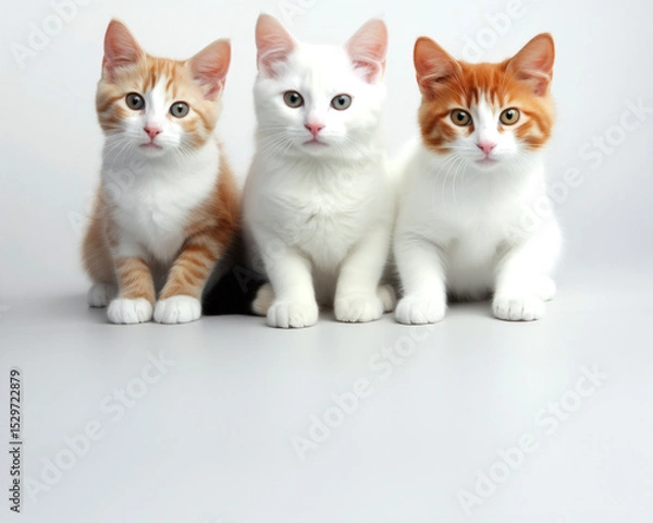 Obraz Three adorable kittens sitting together on a light gray background showcasing their playful nature