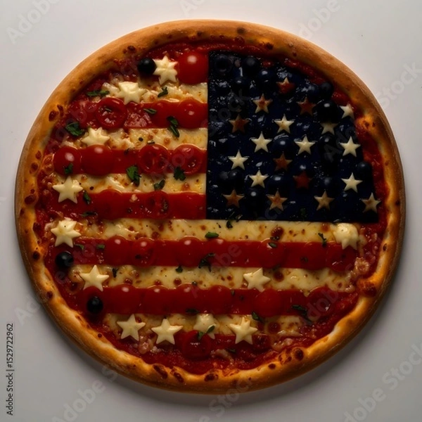 Fototapeta Creative American Flag Pizza with Decorative Toppings on White Background. US Independence Day. AI Generated