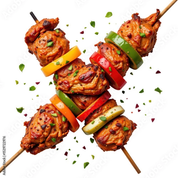 Fototapeta chicken wings on a skewer with bell peppers and onions, on transparent background