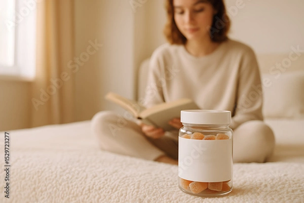Obraz A young woman in cozy clothing reads a book on a bed while a jar of colorful gummy vitamins sits in the foreground.