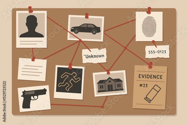 Fototapeta Detective evidence board for a crime investigation with red string connections. Police wall showing clues, photos of suspect, gun, and fingerprint. Murder mystery and conspiracy concept.