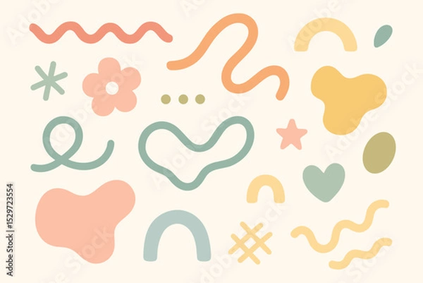 Fototapeta Hand drawn abstract shapes set. Collection of cute organic doodle elements in pastel colors. Modern minimalist graphic design assets for decoration, posters, social media.