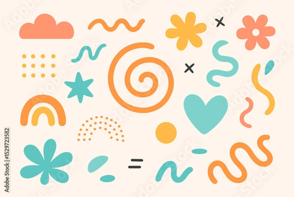 Fototapeta Set of colorful abstract shapes and doodle elements. Playful hand drawn paper cutout style illustration with rainbow, heart, flower, and star. Modern minimalist boho design icons.