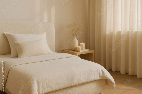 Obraz Warm Cozy Bedroom Corner with Boucle Bed and Soft Light