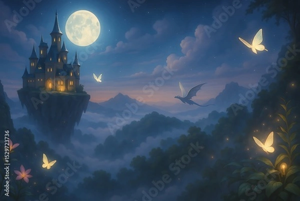 Obraz A mystical castle floats on a cliff under a full moon, surrounded by glowing butterflies and misty mountains in a magical nighttime scene.