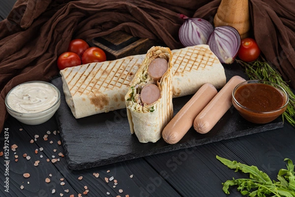 Fototapeta Hot dog in pita bread on a black background with sauce