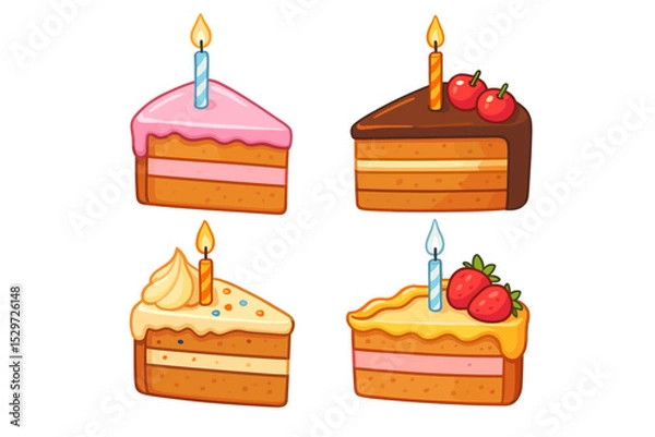Fototapeta Set of cartoon birthday cake slices with candles. Vector illustration of sweet dessert pieces for a party celebration. Chocolate, strawberry, cherry, and vanilla pastry icons.