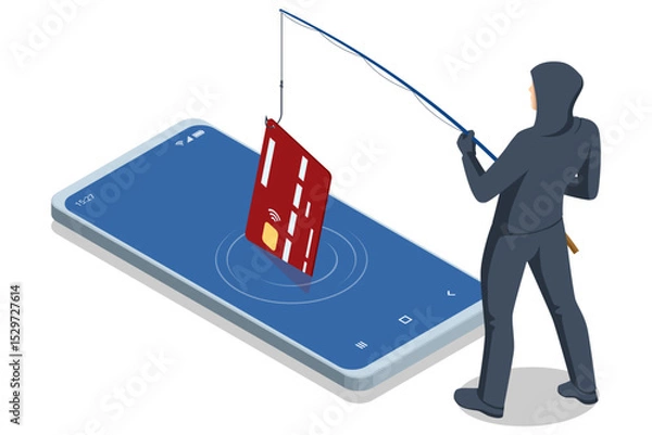 Fototapeta Isometric depiction of a hooded hacker reeling in a credit-card panel from a computer screen, surrounded by broken shield and alert icons, illustrating a phishing attack.