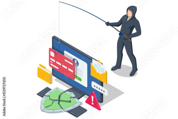 Fototapeta Isometric depiction of a hooded hacker reeling in a credit-card panel from a computer screen, surrounded by broken shield and alert icons, illustrating a phishing attack.