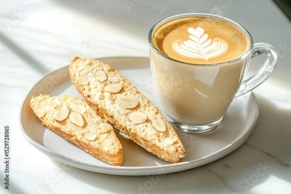 Fototapeta Biscotti cookies on a plate with a cup of cappuccino in sunlight  