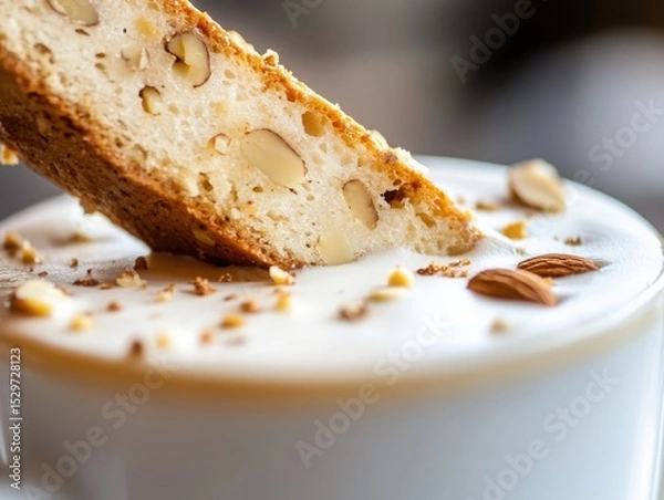 Fototapeta Biscotti dipped in a cup of creamy beverage with almonds on top  
