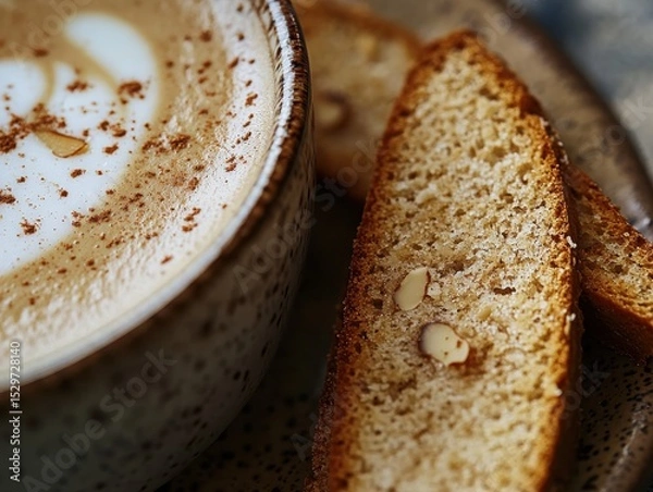 Fototapeta Coffee cup with biscotti on a plate in a cozy cafe setting. Macro  